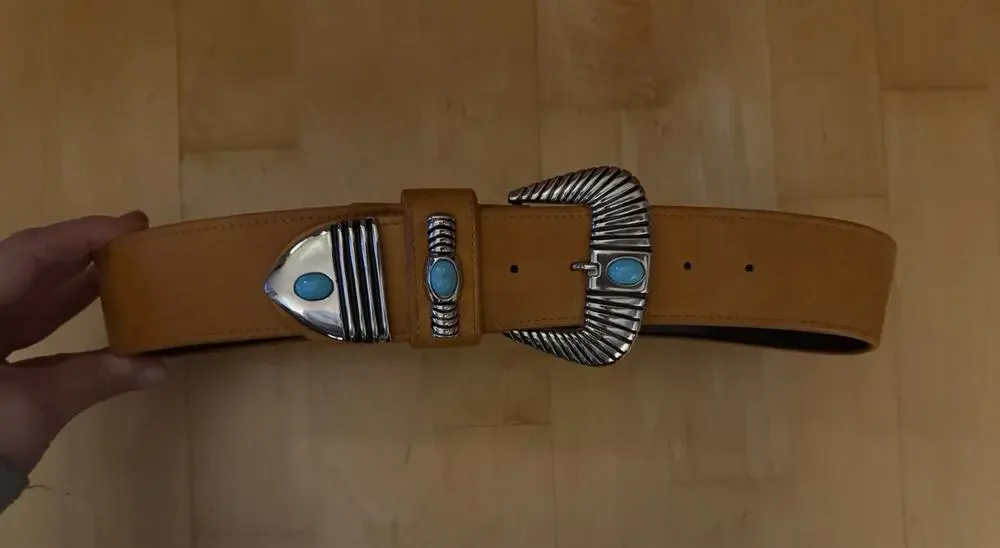 Accessories By Marla Western 3” Wide Silver Turquoise Bead Tan Belt Leather S/M